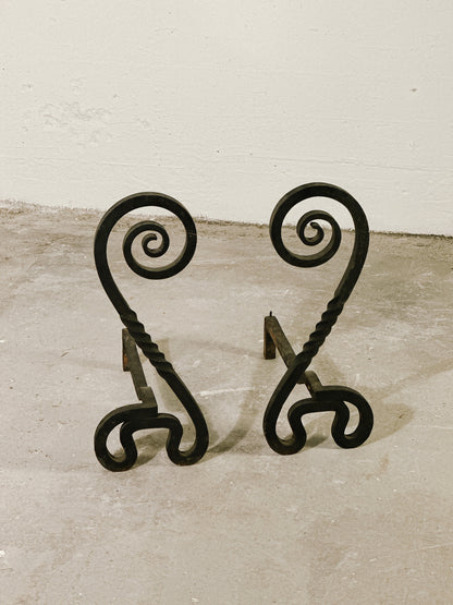 Early 20th C. Spiral Iron Andirons or Firedogs