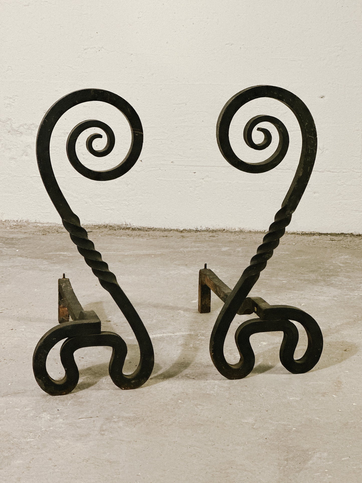 Early 20th C. Spiral Iron Andirons or Firedogs