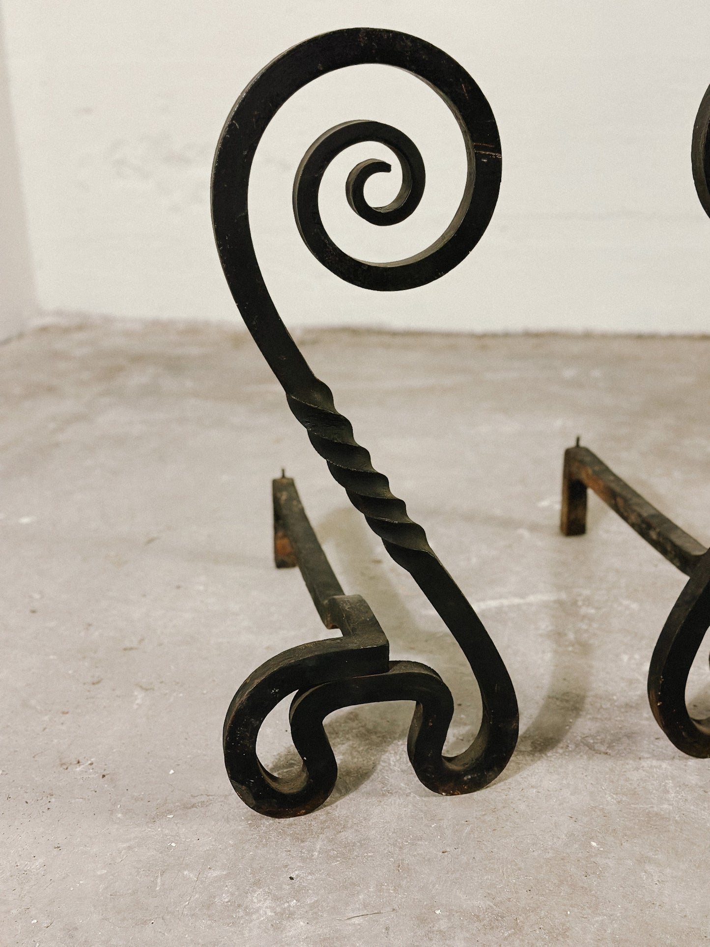 Early 20th C. Spiral Iron Andirons or Firedogs